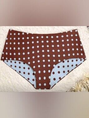 NWOT Boy Short Hipster Polka Dot Bikini Bottom, L (8-10), Brown W/Blue Dots